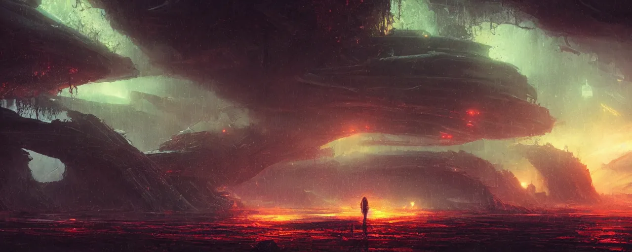 Prompt: ” atmospheric alien landscape, [ rain, cinematic, detailed, epic, widescreen, opening, establishing, mattepainting, photorealistic, realistic textures, octane render, art by slop and paul lehr ] ”