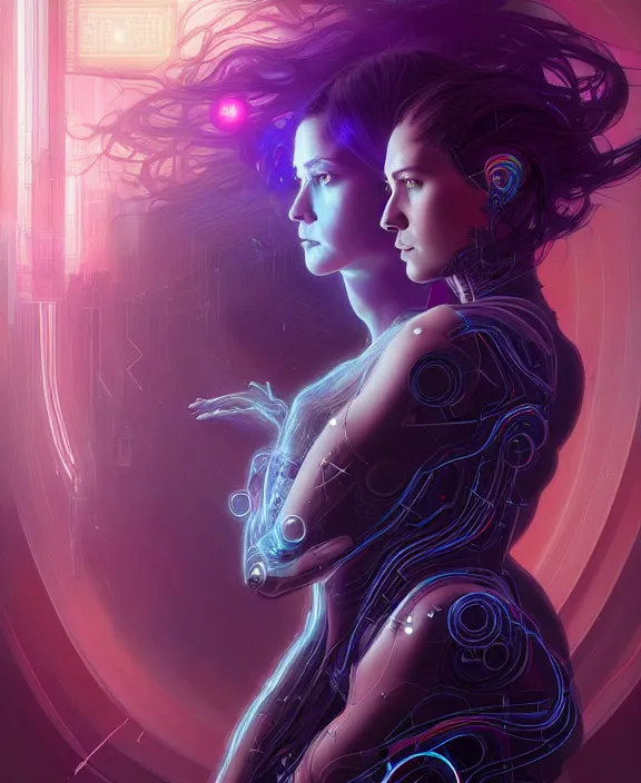 Image similar to a whirlwind of souls rushing inside the metaverse, hologram, half body, neurochip, shaved temple, piercing, jewelry, android, cyborg, cyberpunk face, by loish, d & d, fantasy, intricate, elegant, highly detailed, colorful, digital painting, artstation, concept art, art by artgerm and greg rutkowski and alphonse mucha