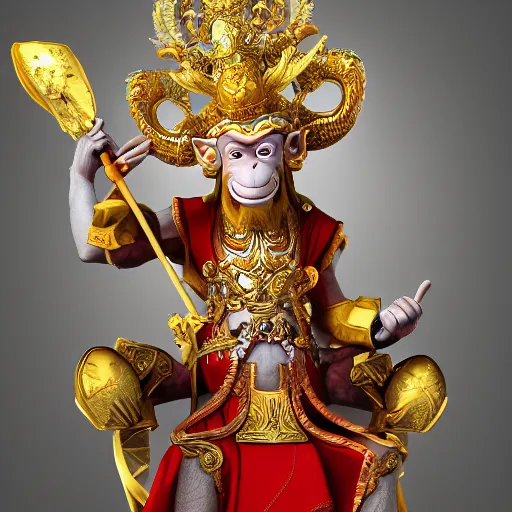 Image similar to monkey king godly lord of monkeys, wearing a crown, holding a staff, sitting in throne 8 k render high detail