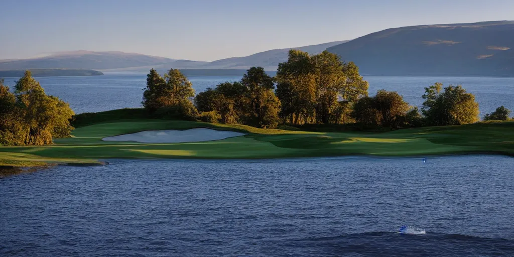 Image similar to a great photograph of the most amazing golf hole in the world completely surrounded by water, loch ness monster in the water, ambient light, golf digest, top 1 0 0, fog