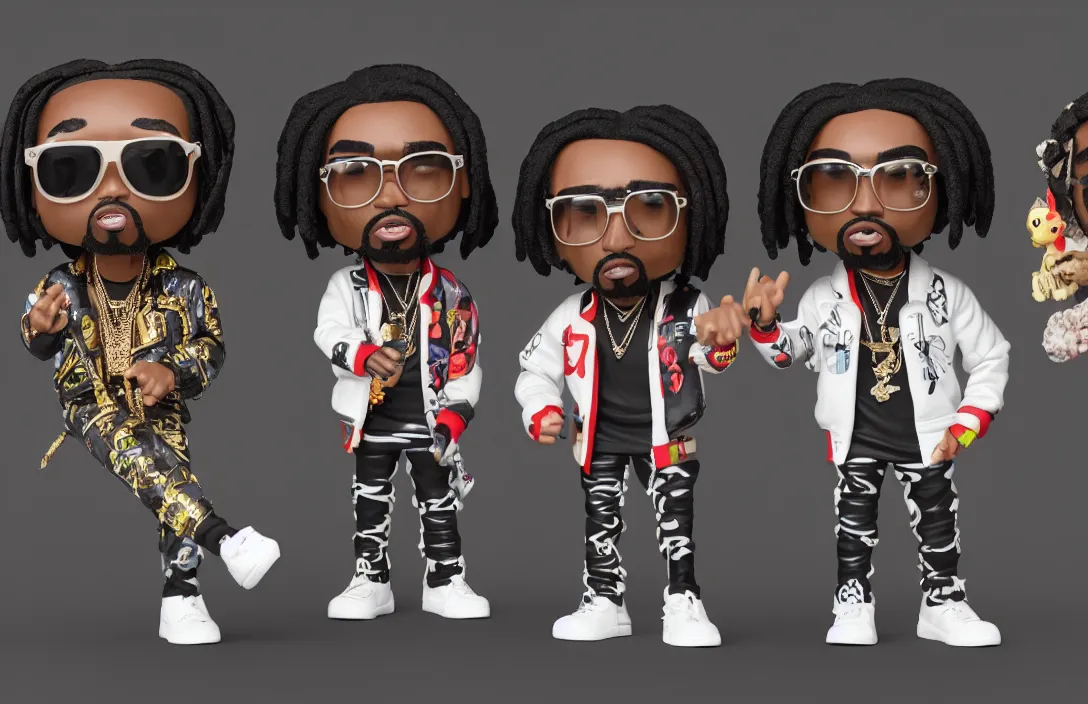 Image similar to three funko pops of rap trio migos members quavo, offset and takeoff, product shot, macro, hyper realistic, octane render, unreal engine, 4 k, 8 k