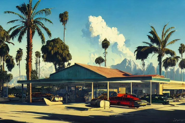 Prompt: natural american landscape | abandoned gas station | palm trees | snowy mountains, painting by syd mead and weta studio and james jean, frank frazetta, highly detailed, rule of third, soft lighting, 8 k resolution, oil on canvas, architectural magazine, beautiful detailed, insanely intricate details, artstation trending, hypermaximalistic, high details, cinematic