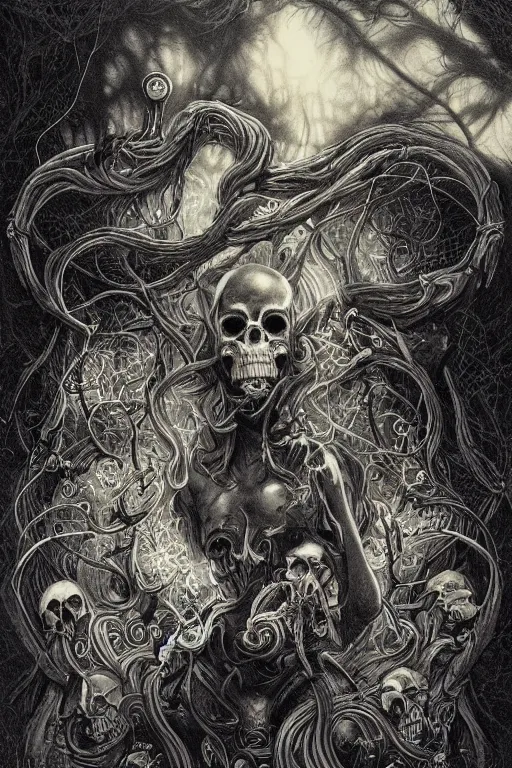 Image similar to malice, skulls, tendrils, dark atmosphere, greyscale, detailed linework, cinematic, psychedelic, black paper, ornate, symmetrical, tarot card, highly detailed, ink illustration, style of peter mohrbacher, golden ratio, 8k