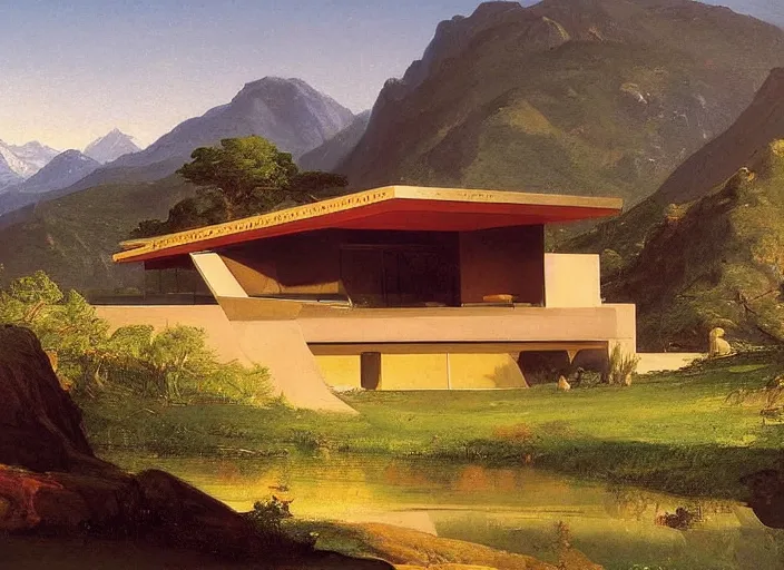 Prompt: painting of a john lautner house in front of beautiful mountains by thomas cole