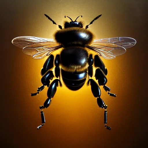 Image similar to A photorealistic miniature 3d render of a robot Bee made of circuits wide view shot by ellen jewett , tomasz alen kopera and Justin Gerard symmetrical features, ominous, magical realism, texture, intricate, ornate, royally decorated, android format, windows, many doors, roofs, complete house , whirling smoke, embers, red adornments, red torn fabric, radiant colors, fantasy, trending on artstation, volumetric lighting, micro details, 3d sculpture, ray tracing, 8k