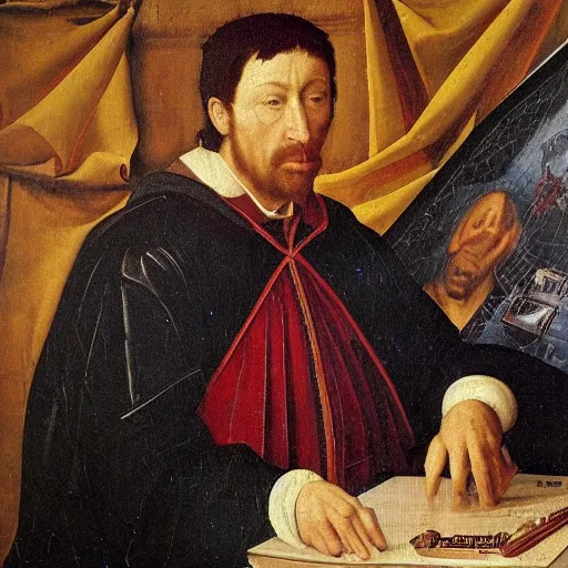 Prompt: Renaissance oil portrait of a man playing warzone on a computer, a soccer ball falling on his head, high-quality realistic oil painting with detailed strokes, robed Renaissance scholar,