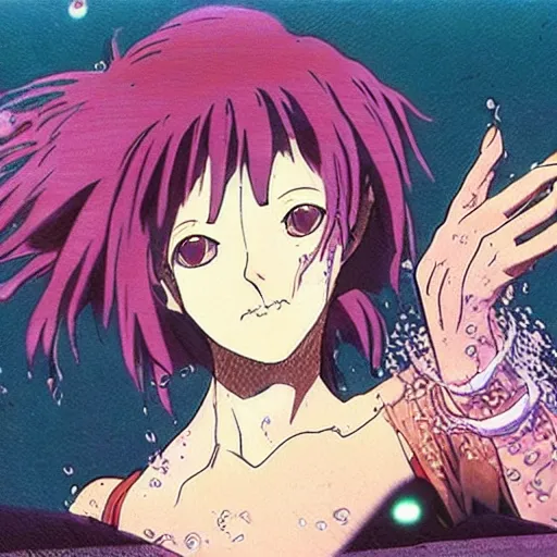 Image similar to anime of a punk cyborg woman, water particles floating in the air, finely detailed facial features, weathered drawing, film grain, bright neon lighting, dark pastel colors, drawn by satoshi kon, katsuhiro otomo