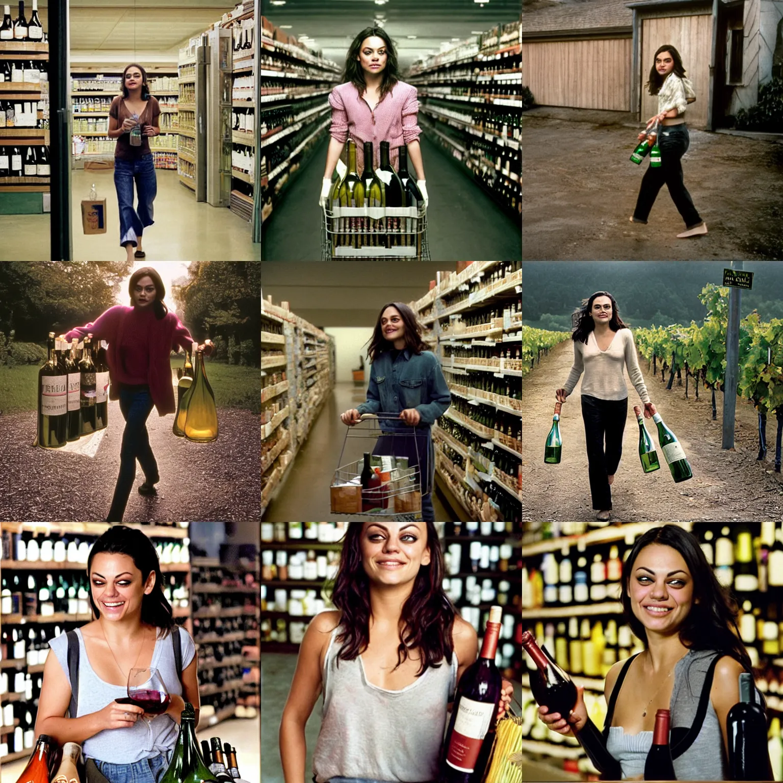 Image similar to face portrait of laughing Mila Kunis walking out of the grocery store holding bottles of wine, Gregory Crewdson, Joel Sternfeld