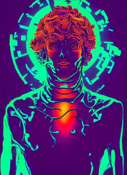 Image similar to statue of dionysus, beeple, android jones, dan mumford, vaporwave, retrowave, black background, neon wiring, black, glitch, strong contrast, cuts, pinterest, trending on artstation