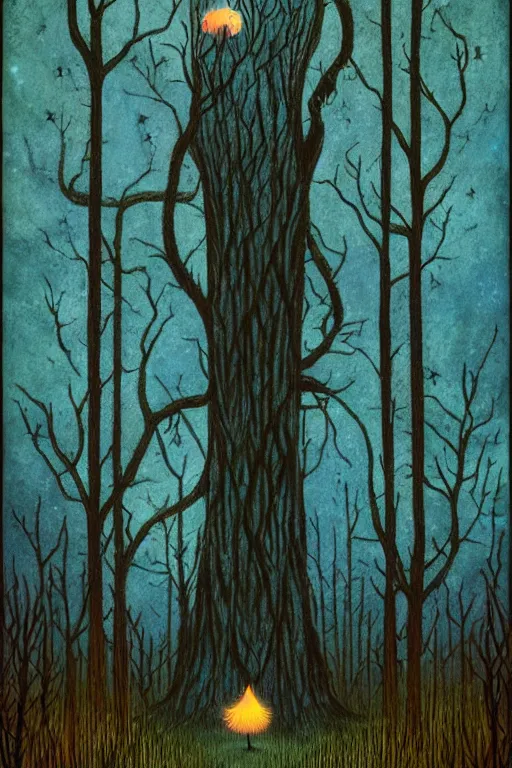 Image similar to tarot card, haunted woods, by andy kehoe