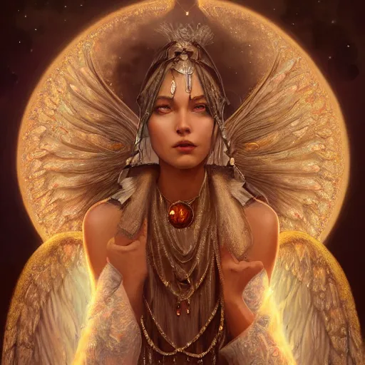 Image similar to A beautiful digital painting of a female Seraphim full of jewels, princess, the moon behind her, intricate, cinematic lighting, highly detailed, digital painting, Artstation, concept art, smooth, sharp focus, illustration, art by Tom Bagshaw, Artgerm and Greg Rutkowski