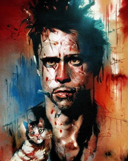 Image similar to cat in fight club, cat tyler durden, airbrush, drew struzan illustration art, by greg rutkowski key art, movie poster