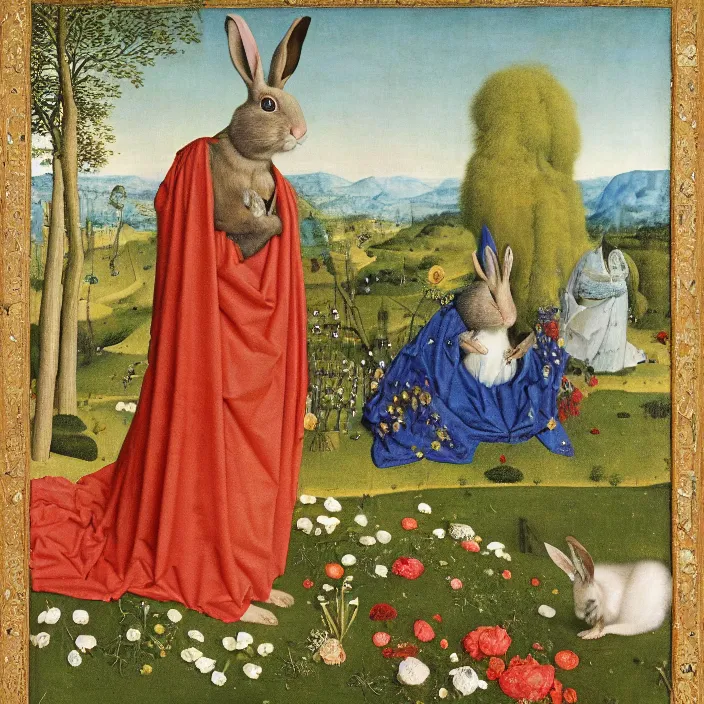 Image similar to a rabbit wearing a cloak of flowers, in a swimming pool, by jan van eyck