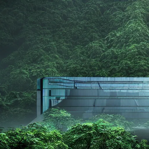 Prompt: extreme wide shot a futuristic containment building in a rainforest valley with a city in the distance, national geographic, hyper realistic, 4 k, harsh light, artstation