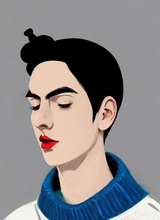 Image similar to portrait of teenage jughead jones wearing a light grey crown, crown, blue turtleneck, 1 9 5 0 s, closed eyes, photorealistic, black hair, glowing lighting, intricate, elegant, glowing lights, highly detailed, digital painting, artstation, concept art, smooth, sharp focus, illustration, art by wlop, mars ravelo and greg rutkowski