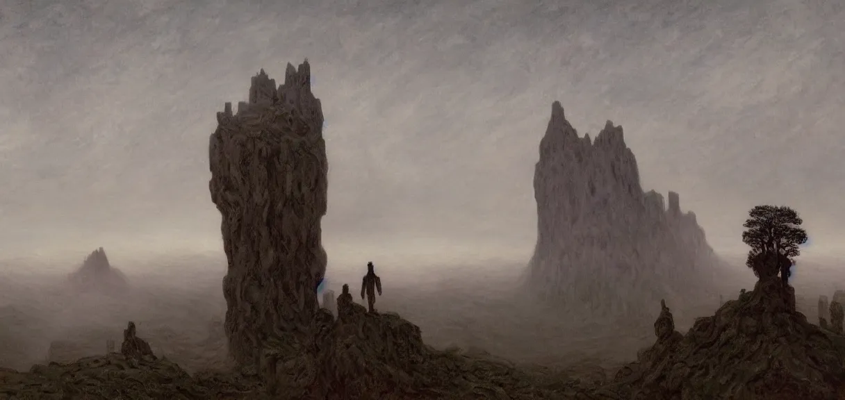 Image similar to A Spiritual landscape by the ancient masters, the sky is dark, the world is covered with fog, and two figures can be seen standing in the midst of it. The background is completely covered with an endless series of mountains and towers, with only their tops standing out from the fog by Simon Stålenhag and Claude Monet.