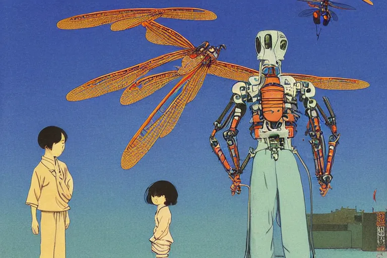 Image similar to gigantic dragonflies with human faces catch tiny robots, a lot of exotic mechas robots around, human heads everywhere, risograph by kawase hasui, dirtyrobot, edward hopper, satoshi kon and moebius, colorful flat surreal design, super - detailed, a lot of tiny details, fullshot