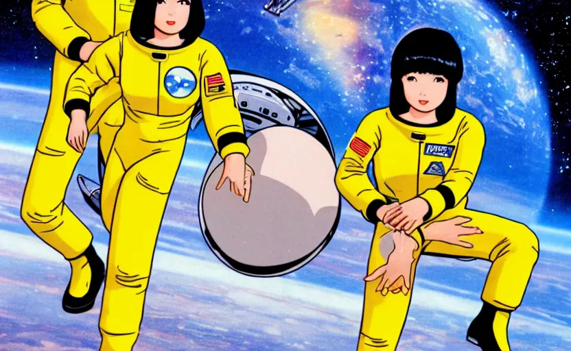 Prompt: yoko tsuno a female astronaut in yellow spacesuit floating in a scenic space environment