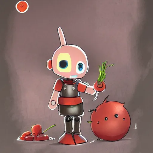 Image similar to cute little robot with tomato head and a carrot sword, made in abyss style standing on a forest