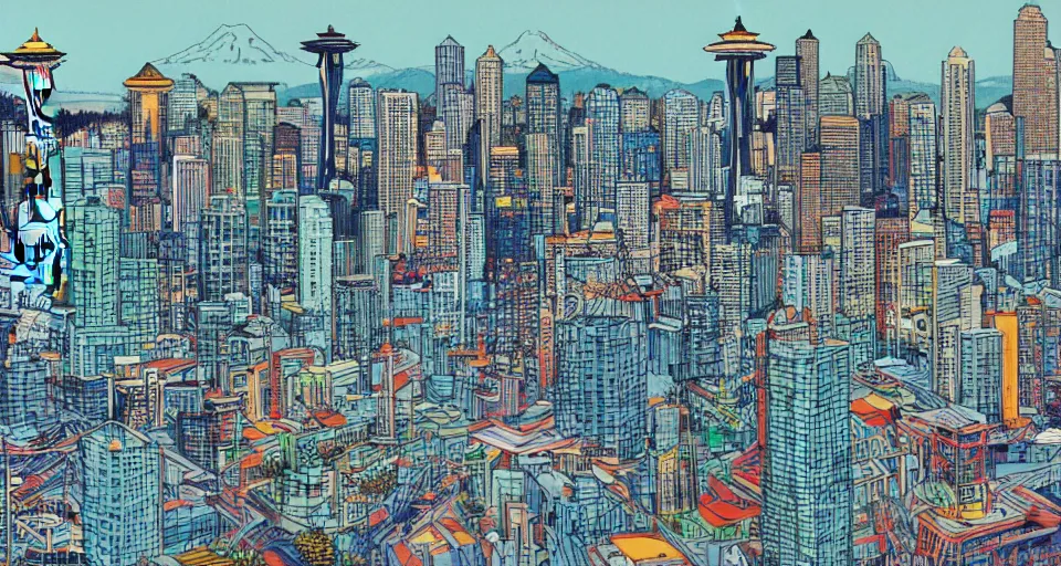 Image similar to Seattle skyline, by james jean