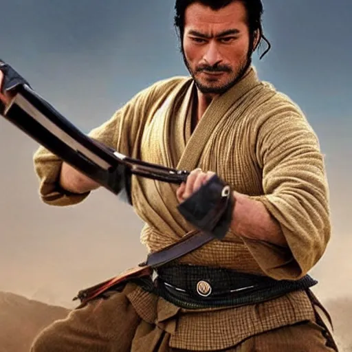 Image similar to handsome and strong kurdish samurai wielding a katana in a movie directed by christopher nolan, movie still frame, promotional image, imax 7 0 mm footage, perfect symmetrical facial features