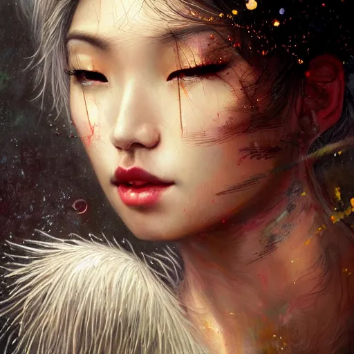 Prompt: an angel portrait of Crystal Liu , tall, fair skin, and slender with pale golden eyes and long eyelashes by Stanley Artgerm,Tom Bagshaw,arthur adams, Carne Griffiths, trending on Deviant Art,street art,face enhance,chillwave,maximalist,full of color, glittering