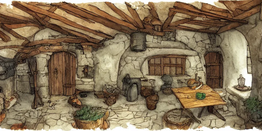 Image similar to medieval cottage interior, studio ghibli