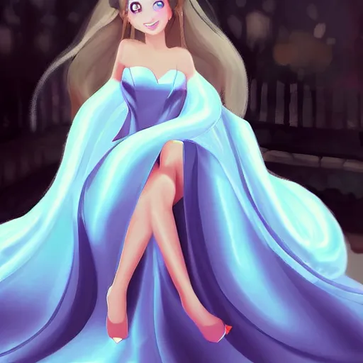 Image similar to very very very beautiful princess in a skintight satin prom dress smiling flirty eye contact, drawn by WLOP