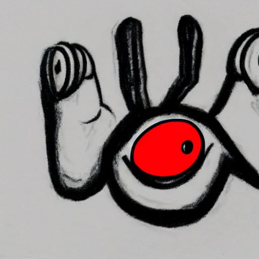 Image similar to primitive drawing of smiling circle face with thumb up hand and red eyes. Сhild drawing picture
