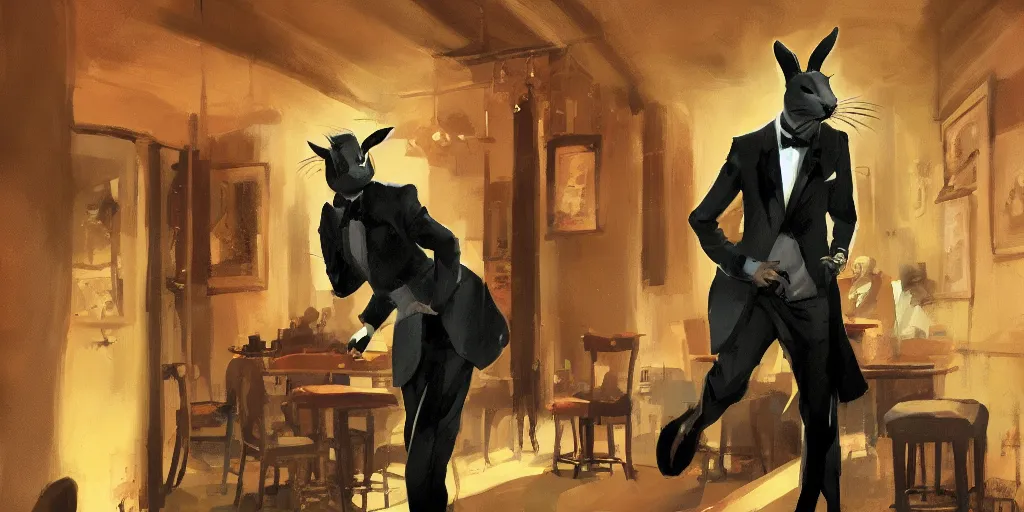 Image similar to a biped rabbit enters into a 4 0 s jazz club, warm color palette, night time, dramatic lighting, noir film, character sheet, fine details, high contrast, blacksad, kim jung gi, greg rutkowski, trending on artstation, 8 k, front view, back view, ultra wide angle