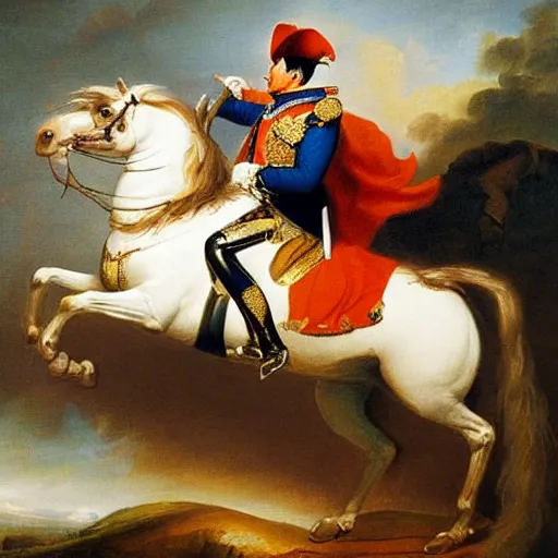 Prompt: an epic painting of napoleon riding on a horse, oil on canvas,