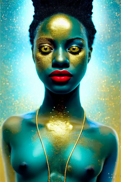 Prompt: hyperrealistic post - symbolist cinematic very beautiful! oshun goddess with white eyes, yoruba body paint, chrome dripping droplet lips, gold flowers, highly detailed digital art masterpiece, smooth etienne sandorfi eric zener dramatic pearlescent soft teal light, ground angle uhd 8 k, sharp focus