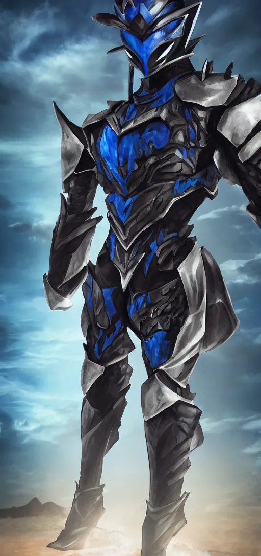 Image similar to High Fantasy Kamen Rider standing in a rock quarry, full body, 4k, glowing eyes, daytime, rubber suit, dark blue segmented armor, dragon inspired armor, centered