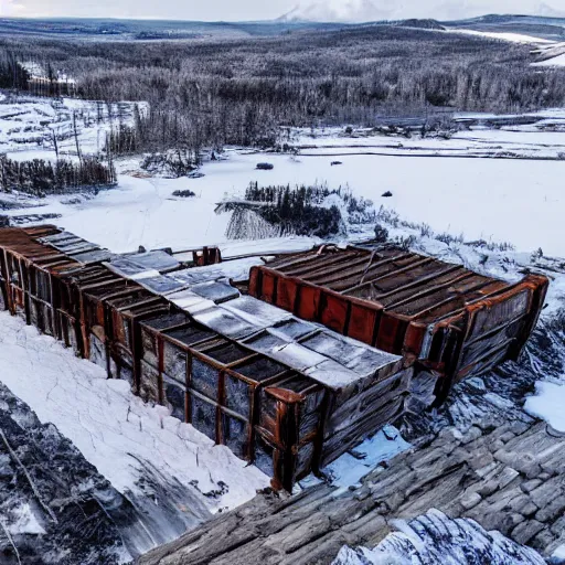 Prompt: top down drone footage of post pocaliptic frostpunk landscape, old lumber mill and few trees remains, crates with wood and supply, beautiful icy area
