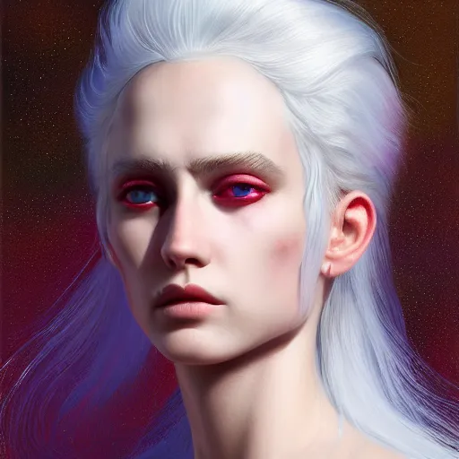 Image similar to god, non-binary, white hair, long hair, artstation, georgeus, ethereal, sharp focus, highly detailed, by victor nizovtsev