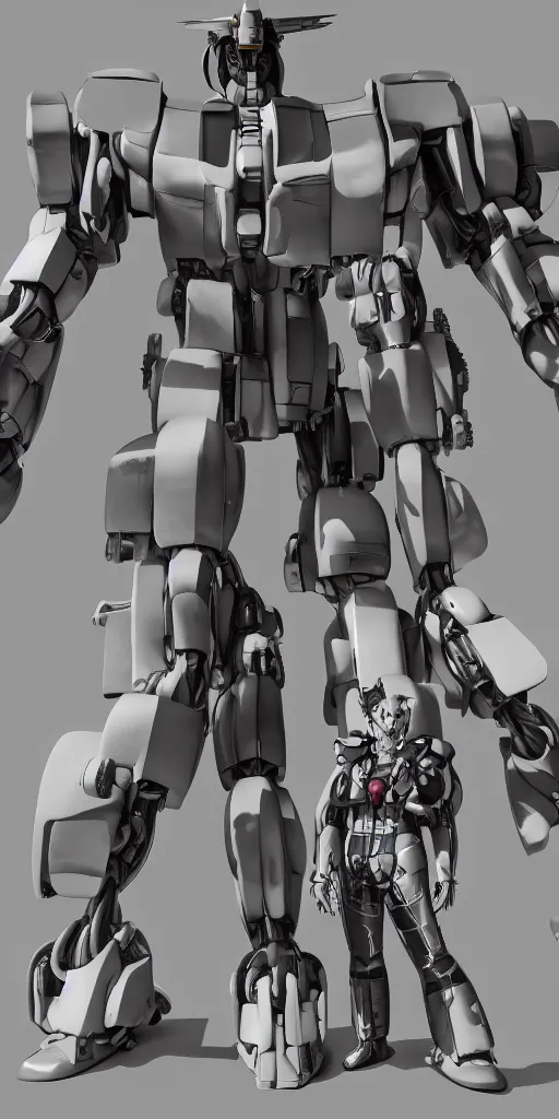 Prompt: cute mechanic wearing coveralls working on part of a giant mecha, sci - fi, gundam, wide shot, 3 d render, realistic, detailed, gears, wires, cables, gadgets