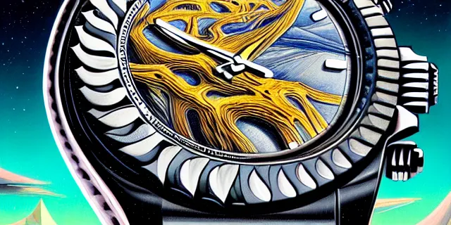 Image similar to painting hyperdetailed rolex watch face designed by dan seagrave and tomasz alen kopera and simon stahlenhag