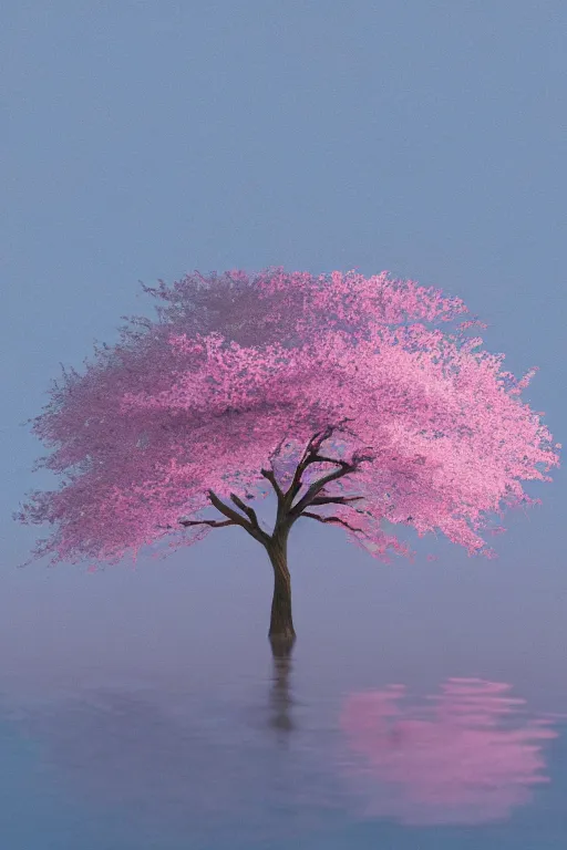 Image similar to a single alone sakura tree growing upon an island in a lake, cherry blossoms, illustration, light beams, simple, minimalist, digital art, oil painting, fantasy, 8 k, trending on artstation, detailed