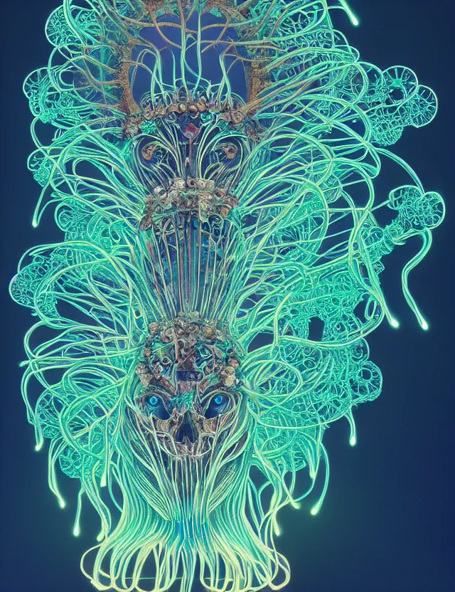 Image similar to symmetrical, centered, goddess close-up portrait wigh crown made of skulls. phoenix betta fish, phoenix, bioluminiscent creature, super intricate ornaments artwork by Tooth Wu and wlop and beeple and Dan Flavin and David Spriggs and Daniel Buren and greg rutkowski