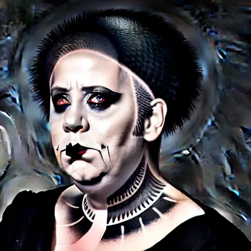 Prompt: Medium shot portrait of goth Angela Merkel with makeup, facial tattoos, piercings and a mohawk, sneering at the camera, studio lighting, F 1.8, Kodachrome