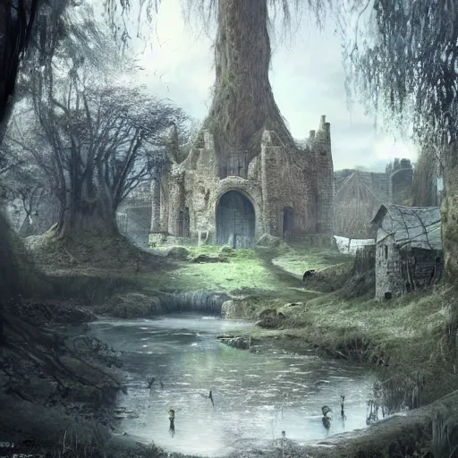 Prompt: airborne view town town town ancient hollow tree tree tree of a downtrodden medieval town by a river in a swamp with a tall ancient hollow tree in its center, 4k, by Greg Rutkowski, fantasy, mix of celtic and Rus architecture, cinematic