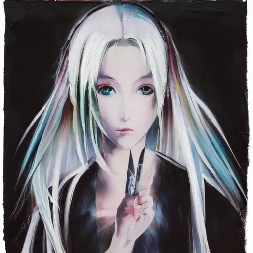 Image similar to “Oil portrait of an anime girl with white hair holding a knife in the style of Yoshitaka Amano, abstract black and white pattern on the background, 1990s vibe, expressive brush strokes, highly detailed, film grain noise effect, renaissance oil painting”