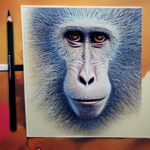 Image similar to Colored pencil art on paper, Monkey, highly detailed, artstation, MasterPiece, Award-Winning, Caran d'Ache Luminance