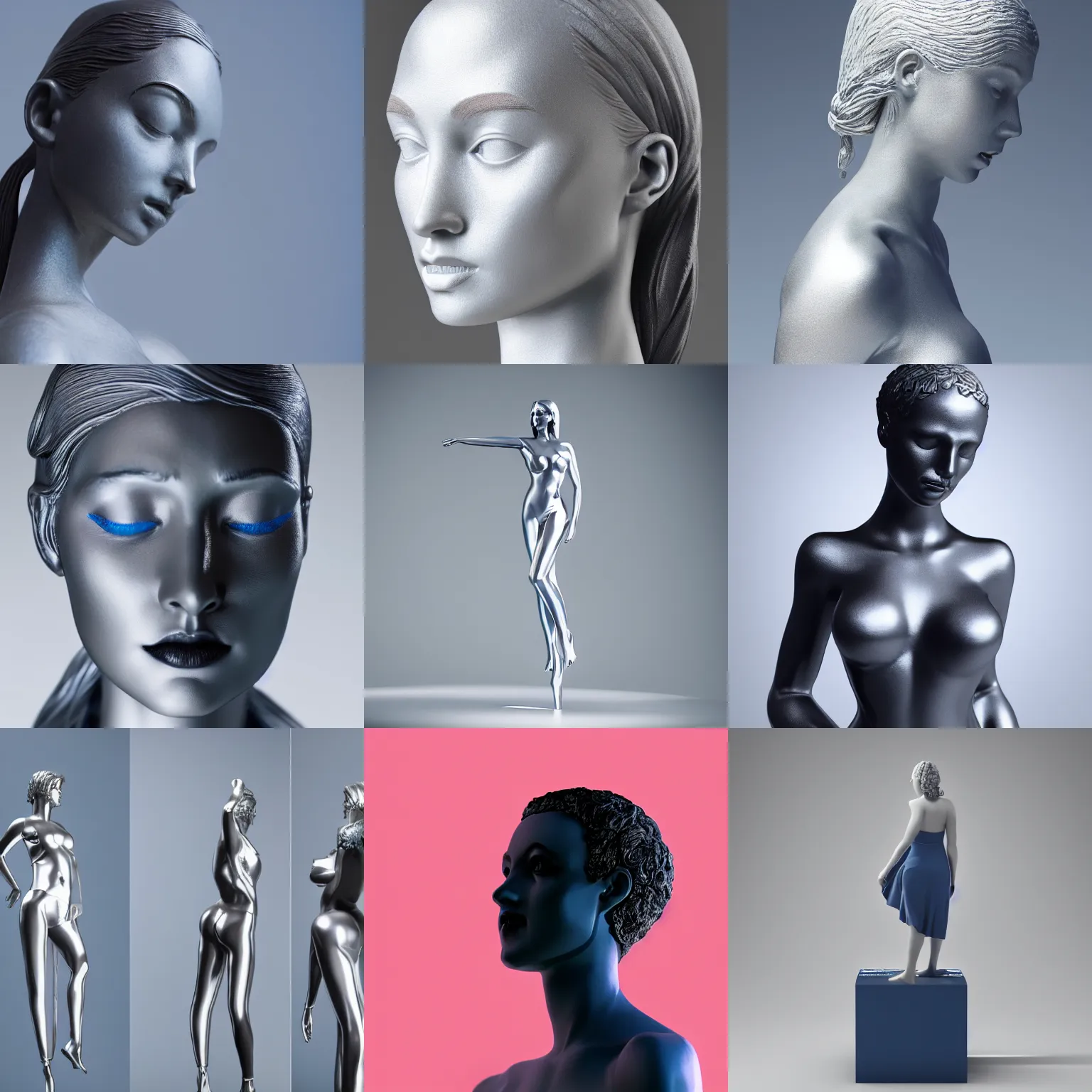 Image similar to ( statue the perfect woman ) designed by apple, studio photo, white backdrop, studio light, solid works, octane render, macro shot, in focus, dept of field, silver, blue, black design