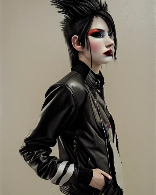 Image similar to portrait painting of a punk woman in a leather bomber jacket, medium shot, asymmetrical, profile picture, rainy night, trending on artstation, by huang guangjian