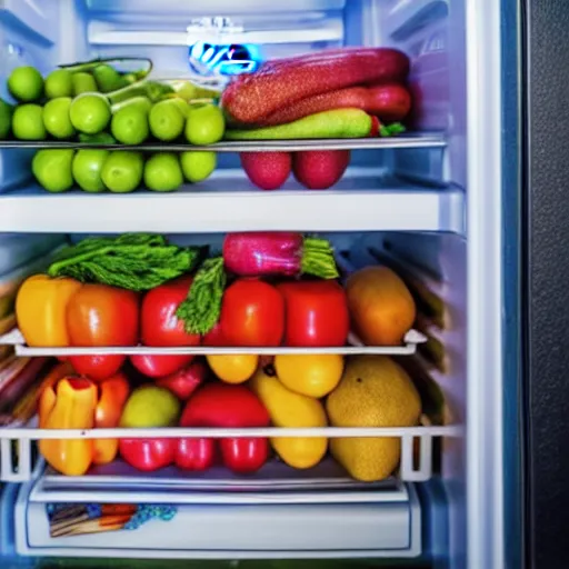 Image similar to fridge full of food, highly detailed, high quality, HD, 4k, 8k, Canon 300mm, professional photographer, 40mp, lifelike, top-rated, award winning, realistic, sharp, no blur, edited, corrected, trending