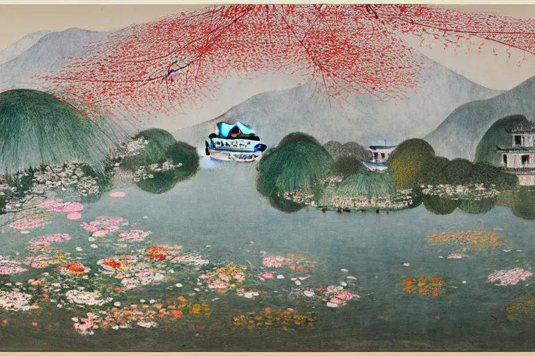 Image similar to an ultradetailed landscape painting of westlake in china hangzhou, may flowers blossoms nearby, autumn wind, chinese water color, smooth, sharp focus, illustration, by hilma af klint, 8 k
