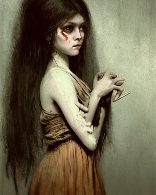 Image similar to a beautiful and eerie baroque painting of a beautiful but creepy girl in layers of fear, with haunted eyes and dark hair piled on her head, 1 9 7 0 s, seventies, wallpaper, a little blood, morning light showing injuries, delicate embellishments, painterly, offset printing technique, by brom, moebius, robert henri, walter popp