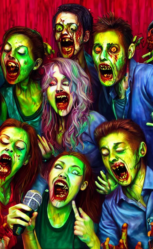 Prompt: beautiful detailed photorealistic painting of a group of friends dressed as zombies in a karaoke booth, singing karaoke into a mic. vibrant, high quality, vibrant colors, very funny, beautiful, hq. hd. 4 k. award winning. trending on artstation