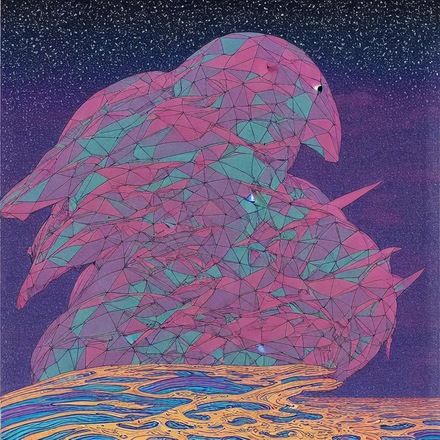 Image similar to ( ( ( ( shinning starry sky and sea ) ) ) ) by mœbius!!!!!!!!!!!!!!!!!!!!!!!!!!!, overdetailed art, colorful, artistic record jacket design